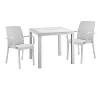 Sicignano | Set 3 Pezzi, 2 Sedie con Braccioli + 1 Tavolo Quadrato Rattan - Impilabile, Resistente agli UV, Arredo Interno Esterno Bar Pub Giardino Terrazzo, Made in Italy (Bianco)