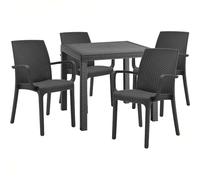 Sicignano | Set 5 Pezzi, 4 Sedie con Braccioli + 1 Tavolo Quadrato Rattan - Impilabile, Resistente agli UV, Arredo Interno Esterno Bar Pub Giardino Terrazzo, Made in Italy (Antracite)