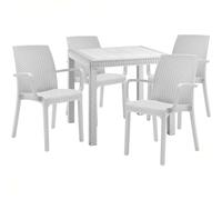 Sicignano | Set 5 Pezzi, 4 Sedie con Braccioli + 1 Tavolo Quadrato Rattan - Impilabile, Resistente agli UV, Arredo Interno Esterno Bar Pub Giardino Terrazzo, Made in Italy (Bianco)
