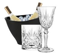 Sicignano | Set 6 Calici CL.27 con 6 Bicchieri CL.34 Melodia per Vino Acqua Whisky Liquori Cocktail, Cristallo Ecologico, Trasparenti, Resistenti - Omaggio Secchiello Champagne Nero 2 Bottiglie