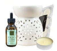 Sicignano | Set Brucia Olio in Ceramica con Olio Essenziale 31 Erbe 100ml e 10 Candele Tealight, Balsamico Igienizzante Rilassante, Deodorare e Purificare l’Aria, Perfetto per Casa Ufficio