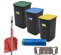 SICIGNANO | Set Pattumiere Riciclo con Coperchio Raccolta Differenziata Carta Vetro Plastica 50 Litri, 15 Sacchetti Colorati, con Paletta e Appendiscope Colori Assortiti