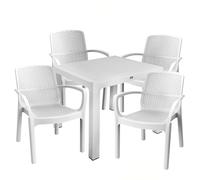 Sicignano | Set per Esterni Sedia Numana Tavolo 90x90cm, Impermeabili, Impilabili, Resistente UV, Ideale per Interno Esterno Bar Ristoranti Locali Commerciali (1, 4 Sedie 1 Tavolo)