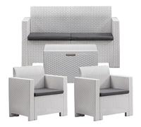 Sicignano | Set per Esterno Nebraska per 4 persone, Divano Poltrone Tavolino in Polipropilene con Finitura Rattan, Waterproof, Resistente - Ideale per Giardino Terrazzo Bar Piscina (Bianco)