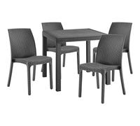 Sicignano | Set Tavolo Dallas 80x80 cm + Sedie Virginia Impilabili, Polipropilene Effetto Rattan, Uso Interno/Esterno - Arredo Giardino Bar Ristoranti Bistrot (Antracite, 4 Sedie 1 Tavolo)