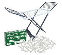 Sicignano | Stendino Pieghevole Antiscivolo con Ruote Aladino, 20 metri di Stenditura, 100% Resina, con Gancio Sicurezza, Made in Italy (Stendino + 40 Mollette)