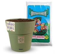 Sicignano Vaso da Giardino in Plastica Riciclata, Modello Ethica Set Completo con Terriccio, Perfetto per Interni ed Esterni, Made in Italy (Verde Oliva, Ø 30 cm, 1 Vaso)