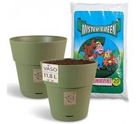 Sicignano Vaso da Giardino in Plastica Riciclata, Modello Ethica Set Completo con Terriccio, Perfetto per Interni ed Esterni, Made in Italy (Verde Oliva, Ø 30 cm, 2 Vasi)