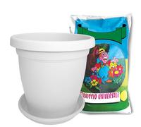 Sicignano | Vaso Verona Rotondo con Sottovaso e Terriccio 20lt, Plastica Riciclabile, Fori di Drenaggio, Moderno Classico, Interni Esterni, per Piante Fiori Giardino (Bianco, 35 cm)
