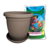 Sicignano | Vaso Verona Rotondo con Sottovaso e Terriccio 2x20lt, Plastica Riciclabile, Fori di Drenaggio, Moderno Classico, Interni Esterni, per Piante Fiori Giardino (Avana, 50 cm)