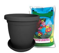 Sicignano | Vaso Verona Rotondo con Sottovaso e Terriccio 5lt, Plastica Riciclabile, Fori di Drenaggio, Moderno Classico, Interni Esterni, per Piante Fiori Giardino (Antracite, 14 cm)