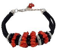Sicilia Bedda - Bracciale in Corallo Grezzo del Mediterraneo con Cristalli Neri - Argento - Prodotto Realizzato a Mano