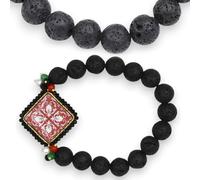 SICILIA BEDDA CAPACI Bracciale Artigianale Elastico con Sfere e Mattonella in Pietra Lavica dell’Etna e Maiolica L 18 cm (1Unità) Vari Decori - Modello 7