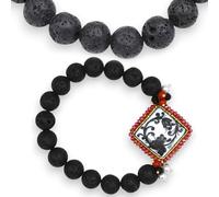 SICILIA BEDDA CAPACI Bracciale Artigianale Elastico con Sfere e Mattonella in Pietra Lavica dell’Etna e Maiolica L 18 cm (1Unità) Vari Decori - Modello 3