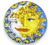 SICILIA BEDDA CAPACI Eclissi, Sole e Luna in Ceramica Caltagirone - Ø 25 cm ca. con Decoro Barocco e ficodindia su Fondo Blu