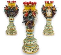 SICILIA BEDDA CAPACI Giano Bifronte Testa con Due volti Candeliere, Ceramica Caltagirone, h 33 cm ca. Fondo Verde e Dettagli Rossi