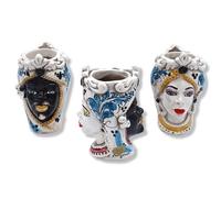 SICILIA BEDDA CAPACI Giano Bifronte Testa con Due volti in Ceramica di Caltagirone, Uomo Nero - Decoro '600 Blu - h 13 cm ca. (1Unità)