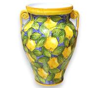 SICILIA BEDDA CAPACI Grande Giara portaombrelli, Ceramica Caltagirone con Manici, h 50 e Ø 37 cm ca. Decoro Limoni e Foglie, Fondo Blu