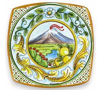 SICILIA BEDDA CAPACI Piatto da Portata per Sushi o da Appendere, Ceramica Caltagirone, L 27 x 27 cm ca. Decoro Paesaggio Etna e Barocco