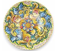 SICILIA BEDDA CAPACI Piatto Ornamentale a Falda in Ceramica Caltagirone, Ø 37 cm ca. Decoro Barocco e Floreale su Fondo verderame