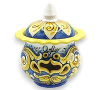 SICILIA BEDDA CAPACI Porta Aglio o Cipolla, Smerlato, Ceramica Caltagirone, h 20 x 17 cm ca. Decoro Barocco, Fondo Blu