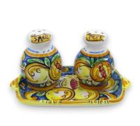 SICILIA BEDDA CAPACI Set Sale e Pepe con Vassoio, Ceramica Caltagirone - Blu, Decoro Melograno, Fiori e Limoni