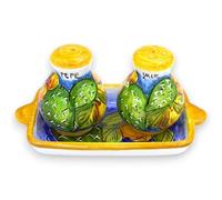 SICILIA BEDDA CAPACI Set Sale e Pepe con Vassoio, Ceramica Siciliana - Blu, Decoro ficodindia e Limoni