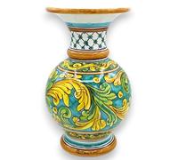 SICILIA BEDDA CAPACI Vaso Porta Fiori Collo Lungo in Ceramica Caltagirone, h 30 x Ø 18 cm ca. Decoro Barocco su Fondo Verde