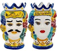 sicilia bedda - Coppia TESTE DI MORO SICILIANE in CERAMICA DI CALTAGIRONE - Realizzate a Mano - H Centimetri 13 - Bellissimo Complemento d'Arredo