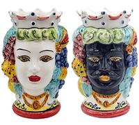 sicilia bedda - Coppia Teste di Moro SICILIANE in Ceramica di CALTAGIRONE - Realizzate a Mano - H Centimetri 18 - Elegante Complemento d'Arredo (Corona Rossa con Saraceno)