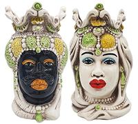 sicilia bedda - Coppia Teste di Moro Siciliane in Ceramica di Caltagirone - Realizzato Interamente a Mano - H 13 Centimetri (Giallo e Verde)