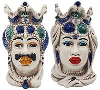 sicilia bedda - Coppia Teste di Moro Siciliane in Ceramica di Caltagirone - Realizzazioni Uniche - h Cm 13