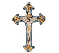 sicilia bedda - Crocifisso in Ceramica di Caltagirone realizzato interamente a Mano - Ceramica Siciliana Firmata (25x16 Centimetri Decorato)