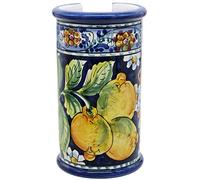 sicilia bedda - PORTABICCHIERI in Ceramica di CALTAGIRONE Realizzati Interamente a Mano - Altezza 20 Cm (Limoni Sfondo Blu)
