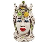 Sicilia Bedda - Teste di Moro Siciliane Ceramica di Caltagirone - Altezza 13 Centimetri - Arredo Casa (Donna Corona Verde e Giallo)