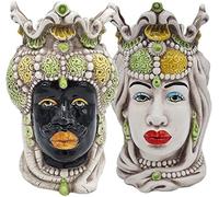 sicilia bedda - Teste di Moro Siciliane in Ceramica di Caltagirone - Realizzato Interamente a Mano - Altezza 18 Centimetri (Coppia Teste di Moro Saraceno Verde)