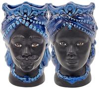 sicilia bedda - Teste di Moro Siciliane in Ceramica di Caltagirone - Volto Satinato/Stile Moderno - Altezza 15Centimetri (Coppia, Blu)