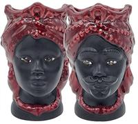 sicilia bedda - Teste di Moro Siciliane in Ceramica di Caltagirone - Volto Satinato/Stile Moderno - Altezza 15Centimetri (Coppia, Bordeaux)