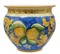 Sicilia Bedda - VASO IN CERAMICA DI CALTAGIRONE - Realizzato e Dipinto a Mano - Altezza 20 CM Diametro 26 CM (Limoni Blu)