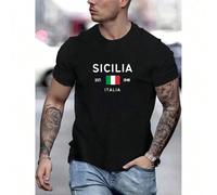 "SICILIA Italian Short-sleeved T-shirt" : White Characters on Black Background, Printed with "SICILIA EST. ITALIA" and The Italian Flag, Highlighting The Unique Charm of Sicily, Short-sleeved Design,