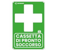 SICURAID Cartello Cassetta Pronto Soccorso in Polipropilene Spessore 0,5 mm - 25x18,5 cm - Segnaletica di Sicurezza e Pronto Intervento, Preforato ai bordi + Bioadesivo