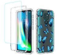 Sidande Custodia per Moto G9 Play Case, XT2083-1 con protezione in vetro temper ato per lo schermo, TPU Trasparente Floreale Full Body Antiurto Cover per Motorola Moto G9 Play Farfalle
