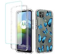Sidande Custodia per Moto G9 Power Case, XT2091-3 con protezione in vetro temper ato per lo schermo, TPU Trasparente Floreale Full Body Antiurto Cover per Motorola Moto G9 Power Farfalle