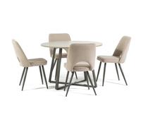 SIEDITI FUORI E DENTRO Set da pranzo con 4 sedie Ketty e tavolo rotondo Damiano ⌀ 110 cm, set pranzo da cucina, stile moderno, gambe ad incrocio, sedie in tessuto bouclè, colore tortora