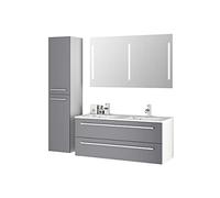 Sieper I Bagno Set Libato Lavandino Doppio con Armadietto 120 x 50 cm, Armadietto alto e specchio da bagno, colore: Grigio artico