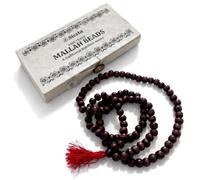 Siesta Collana con perline Mallah Mala, commercio equo e solidale, 108 autentiche perline di legno Uttis, rosario buddista tradizionale con nappa rossa, scatola regalo Lokta fatta a mano in carta con