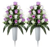 SIFOEL 2 pezzi cimitero commemorativo artificiale fiori rosa bouquet con vaso per cimitero lapidi decorazione (rosa e bianco)