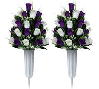 SIFOEL 2 pezzi cimitero commemorativo artificiale fiori rosa bouquet con vaso per lapidi cimitero decorazione (viola scuro e bianco)