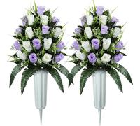 SIFOEL 2 pezzi cimitero commemorativo artificiale fiori rosa bouquet con vaso per lapidi cimitero decorazione (Light Purple&White)