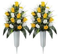 SIFOEL 2 pezzi cimitero commemorativo artificiale fiori rosa bouquet con vaso per lapidi cimitero decorazione (giallo e bianco)